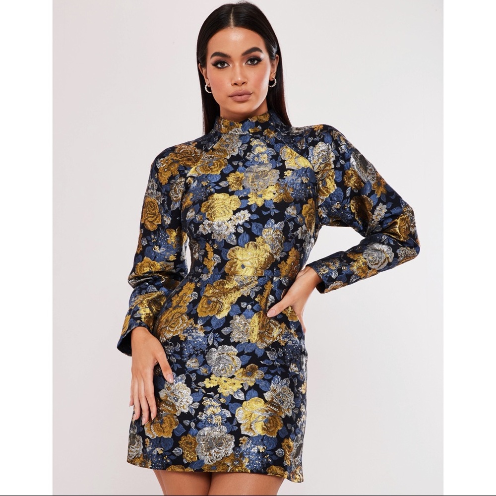 Missguided Navy Brocade Mini Dress